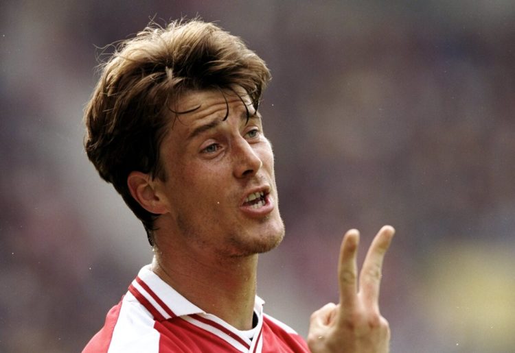 12 Jun 1998:  Brian Laudrup of Denmark raises two fingers during the World Cup group C game against Saudi Arabia at the Stade Felix Bollaert in Len...