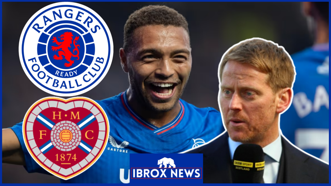 Cyriel Dessers and Michael Stewart with Rangers and Hearts badges