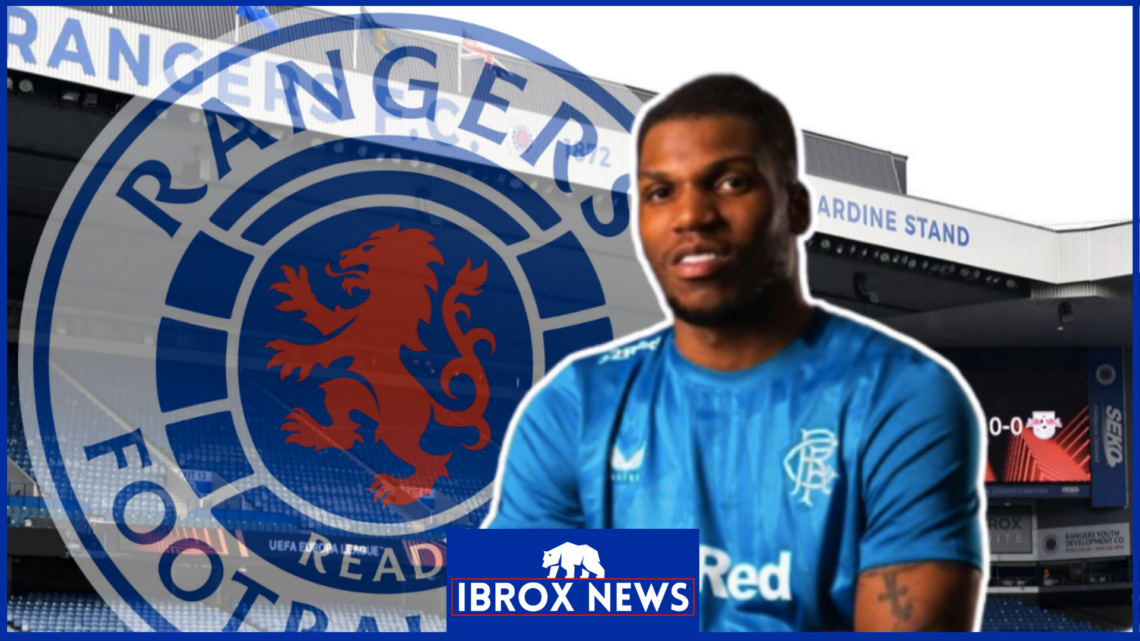 Dujon Sterling and Rangers crest with Ibrox in the background.