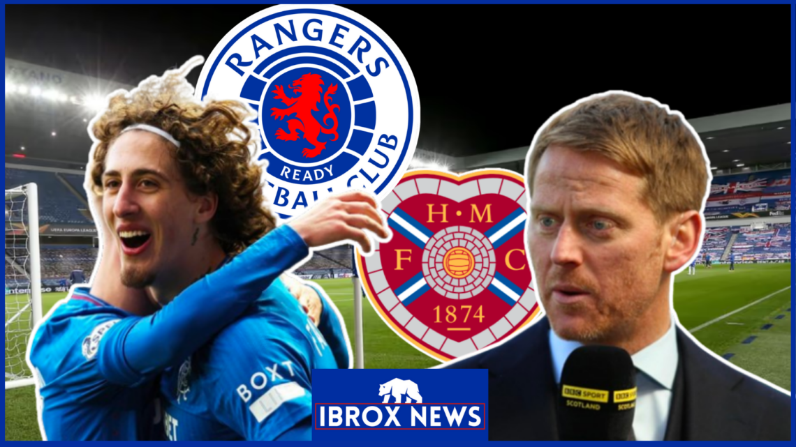 Fabio Silva and Michael Stewart at Ibrox with Rangers and Hearts badges