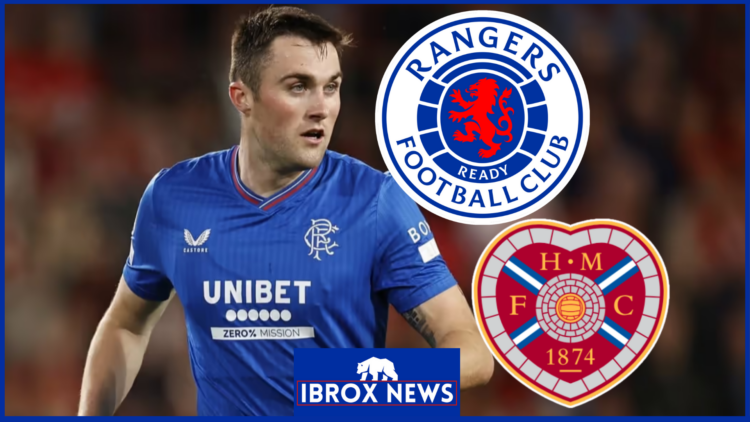 John Souttar with Rangers and Hearts badges