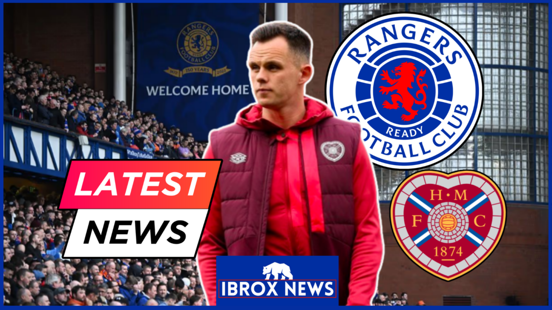 Lawrence Shankland at Ibrox with Rangers and Hearts badges, latest news