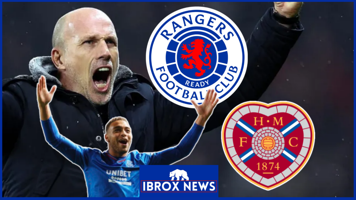 Philippe Clement and Cyriel Dessers with Rangers and Hearts badges