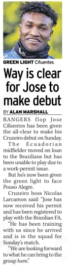 Jose Cifuentes set for Cruzeiro debut after Rangers loan move.