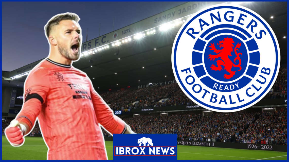 Jack Butland and Rangers badge at Ibrox