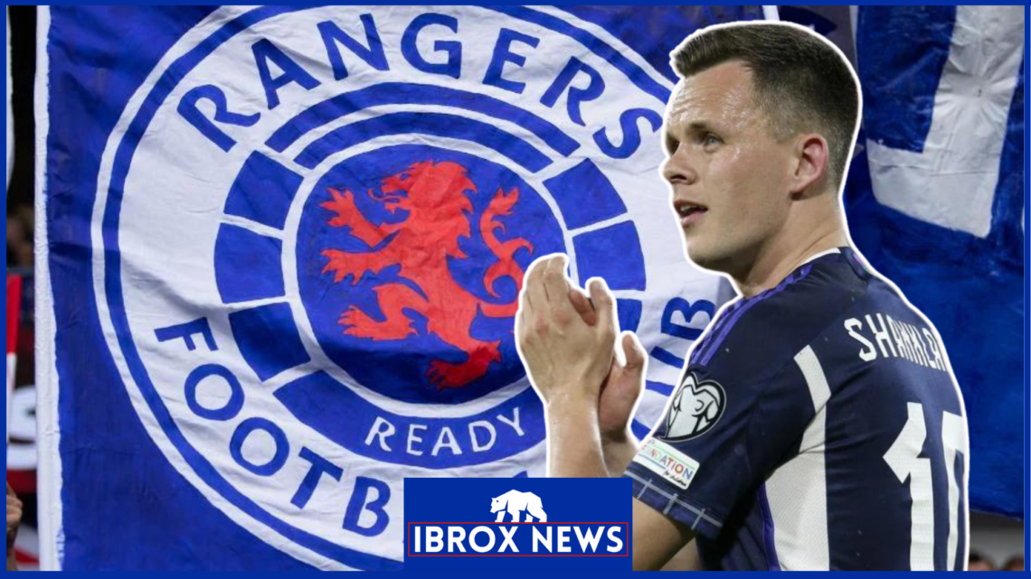 Hearts striker Lawrence Shankland and Rangers badge