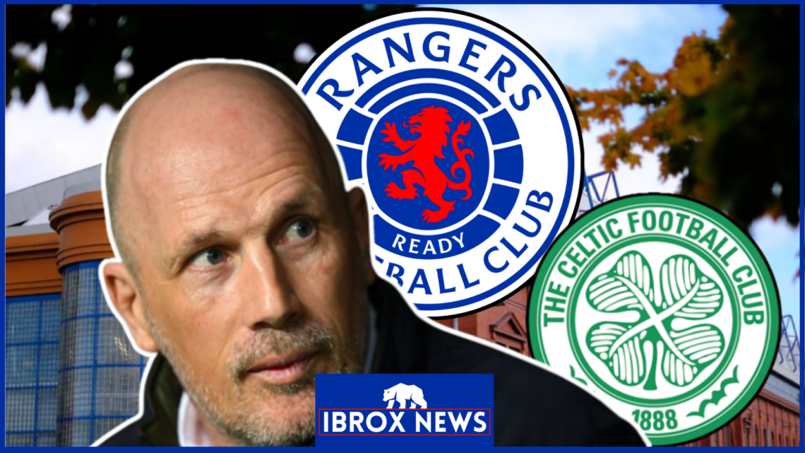Philippe Clement next to Rangers and Celtic badges.