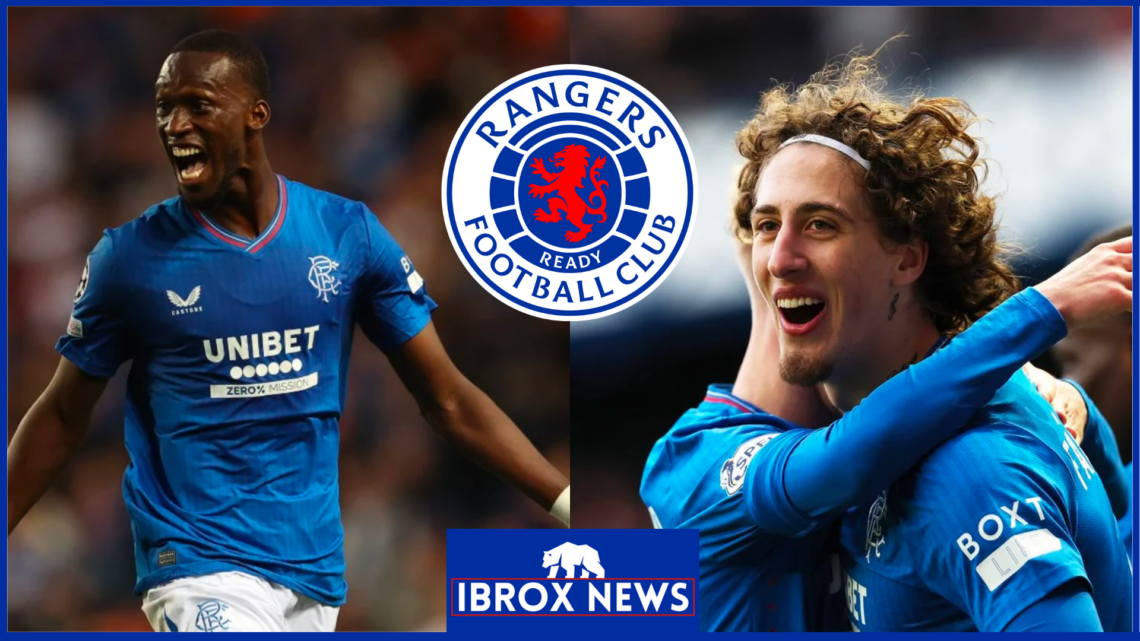 Abdallah Sima and Fabio Silva with Rangers badge