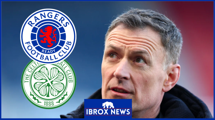 Chris Sutton with Rangers and Celtic badges