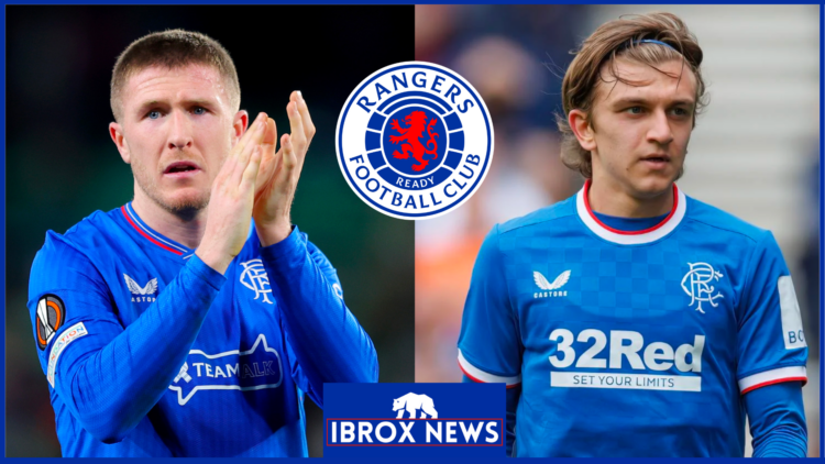 John Lundstram and Ridvan Yilmaz with Rangers badge