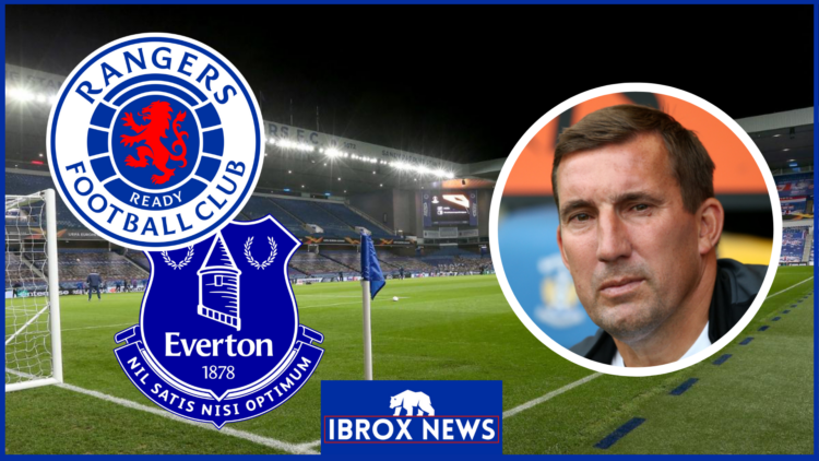 Alan Stubbs with Rangers and Everton badges