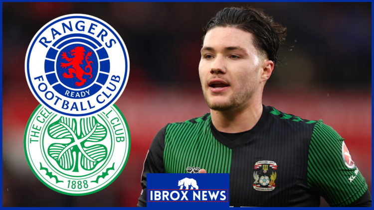 Callum O'Hare with Rangers and Celtic badges