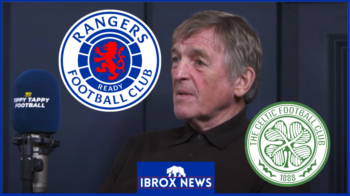 Sir Kenny Dalglish with Celtic and Rangers crests.