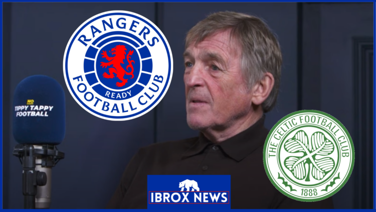Sir Kenny Dalglish with Celtic and Rangers crests.