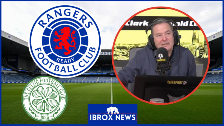 Jeff Stelling with Rangers and Celtic crests.