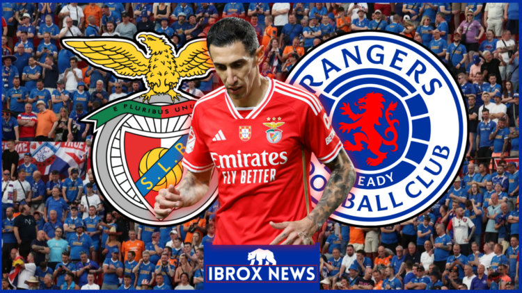 Rangers and Benfica crests with Angel Di Maria in front.