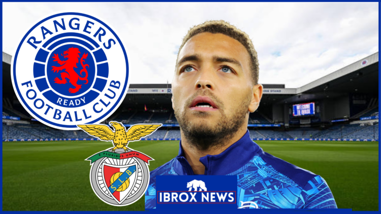 Cyriel Dessers with Rangers and Benfica crests.