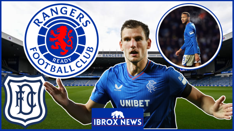 Rangers Dundee logo, Borna Barisic and Cyriel Dessers