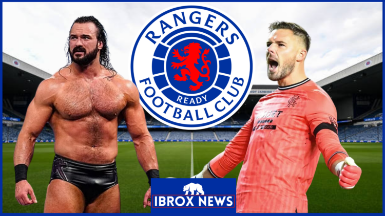 Jack Butland, Drew McIntyre and Rangers crest