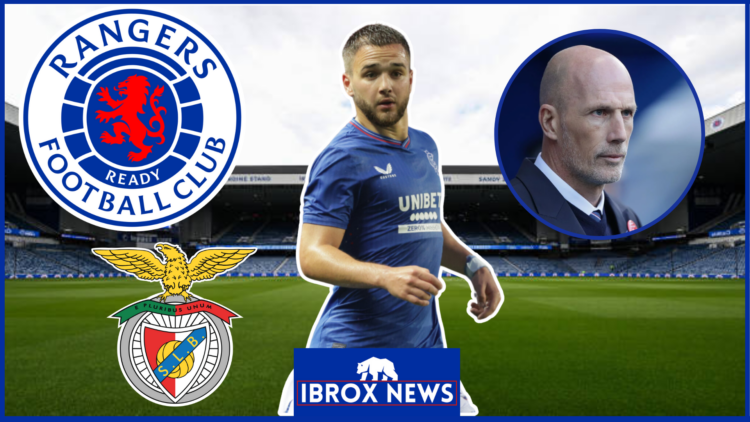 Nico Raskin, Benfica and Rangers crests with Philippe Clement.