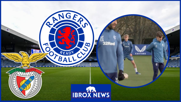 Ross McCausland, Benfica and Rangers crest at Ibrox