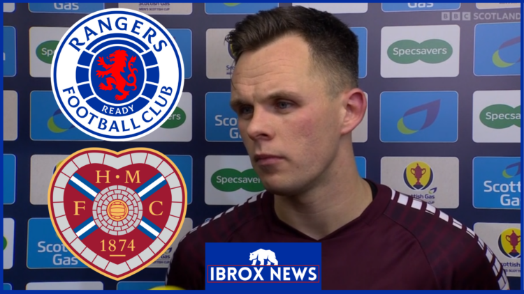 Hearts striker Lawrence Shankland with Rangers badge