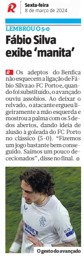Fabio Silva newspaper report after Rangers against Benfica