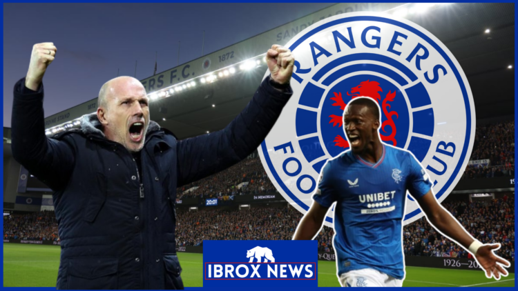 Philippe Clement and Abdallah Sima with Rangers badge at Ibrox