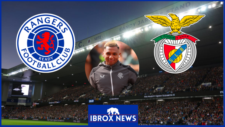 Alfredo Morelos with Rangers and Benfica badges