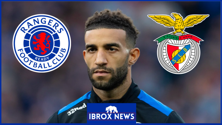 Connor Goldson with Rangers and Benfica badges
