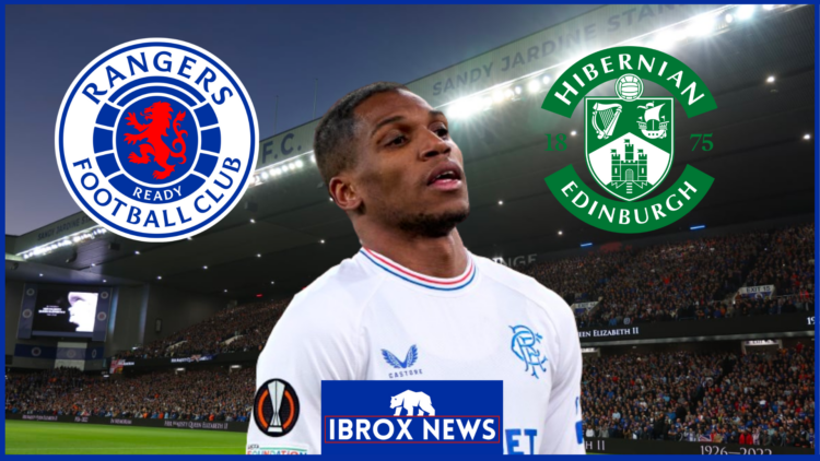 Dujon Sterling with Rangers and Hibs badges at Ibrox