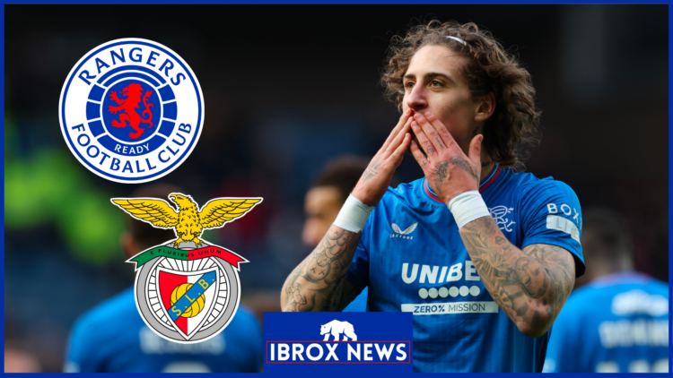 Fabio Silva with Rangers and Benfica badges