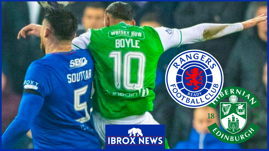 John Souttar and Martin Boyle with Rangers and Hibs badges