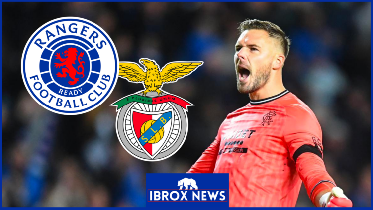 Jack Butland with Rangers and Benfica badges