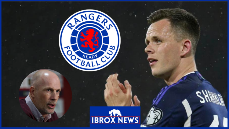 Lawrence Shankland and Philippe Clement with Rangers badge