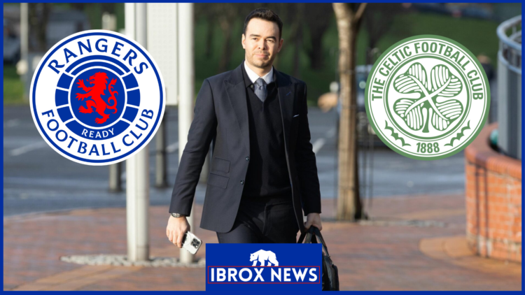 James Bisgrove with the Rangers and Celtic badges