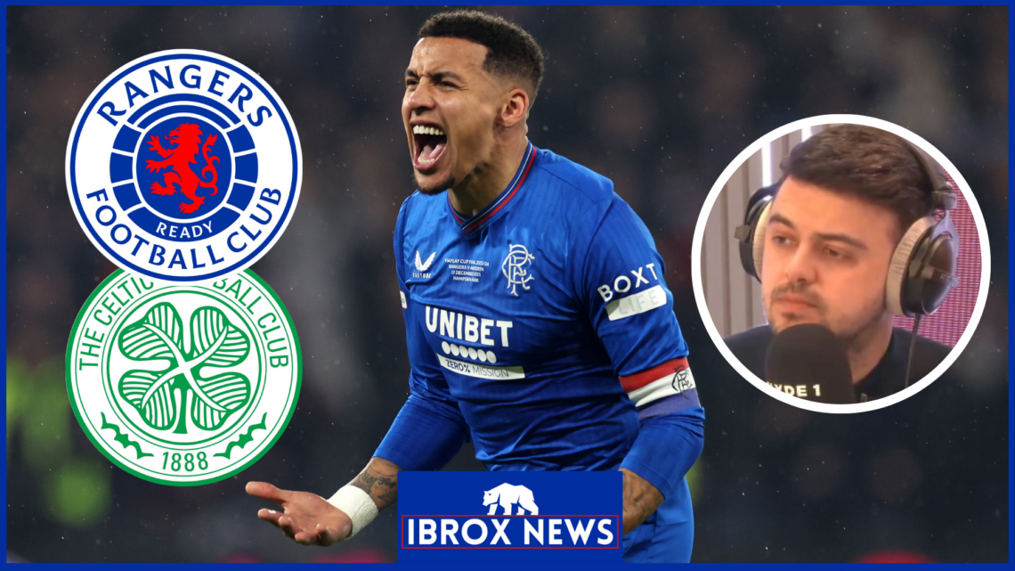 James Tavernier and Gordon Duncan with Rangers and Celtic badges
