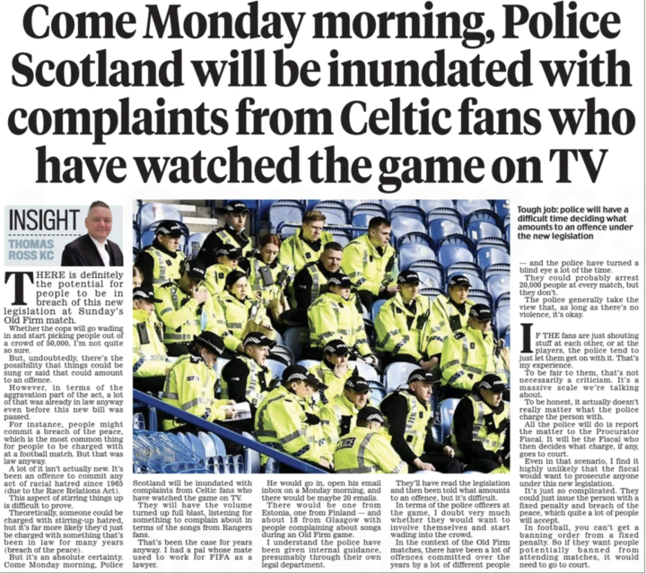 Thomas Leonard Ross on Rangers v Celtic