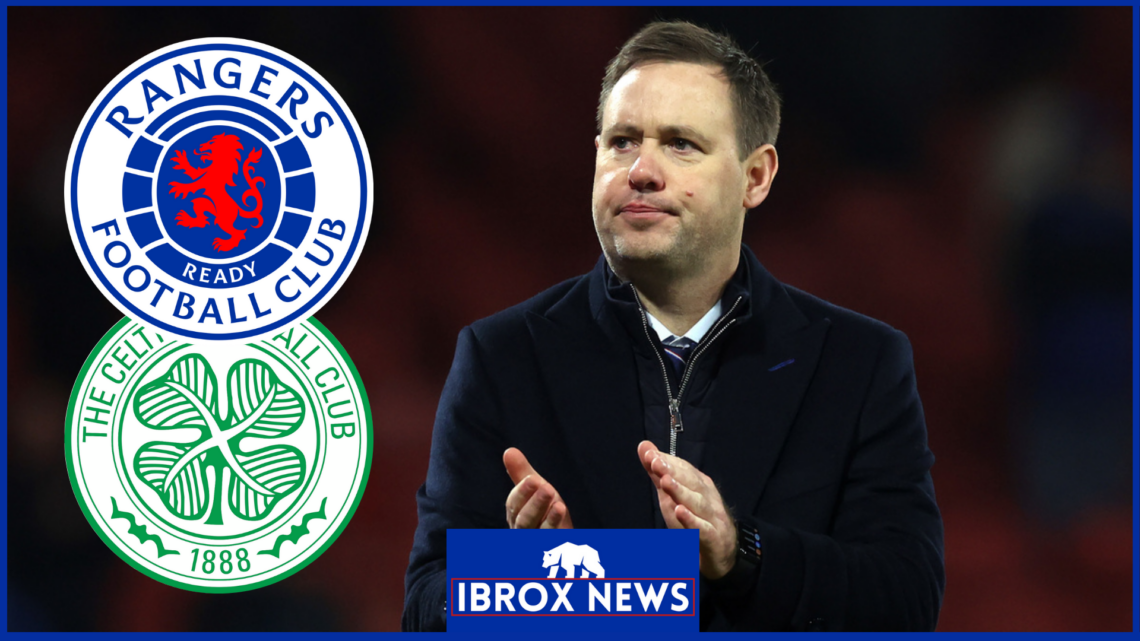 Michael Beale with Rangers and Celtic badges