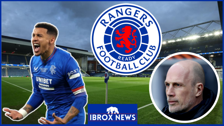 James Tavernier and Philippe Clement with Rangers badge