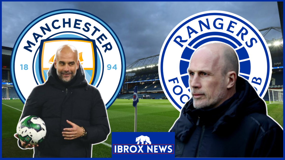 Philippe Clement with Rangers and Manchester City's Pep Guardiola