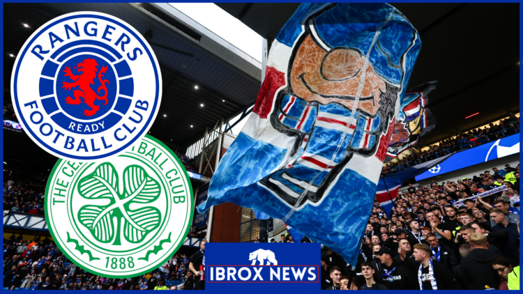 Rangers fans with Rangers and Celtic badges