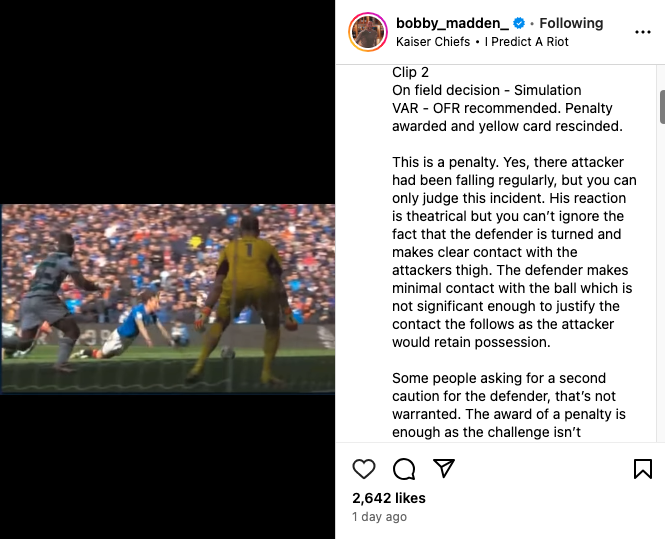 Bobby Madden Instagram on Fabio Silva Rangers penalty v Celtic