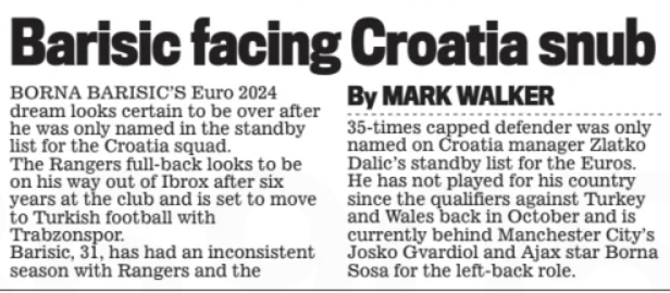 Scottish Daily Mail, Rangers, Borna Barisic