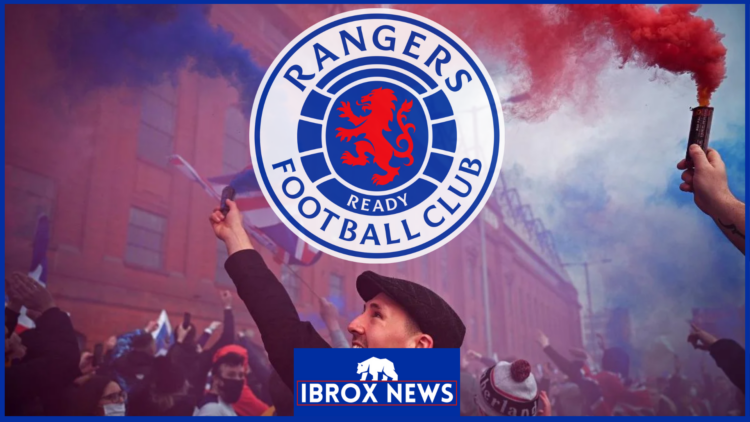 Rangers badge, fans outside Ibrox