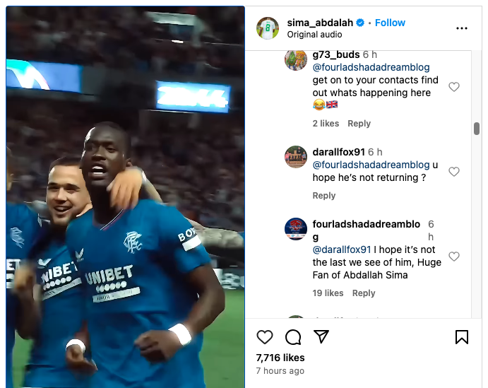 Abdallah Sima Instagram Rangers