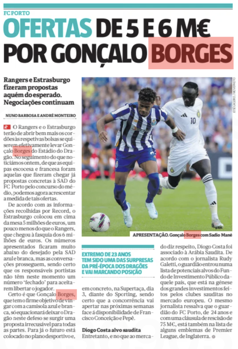 Goncalo Borges, Rangers, Porto, Record article