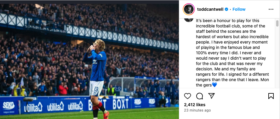 Rangers Todd Cantwell Instagram