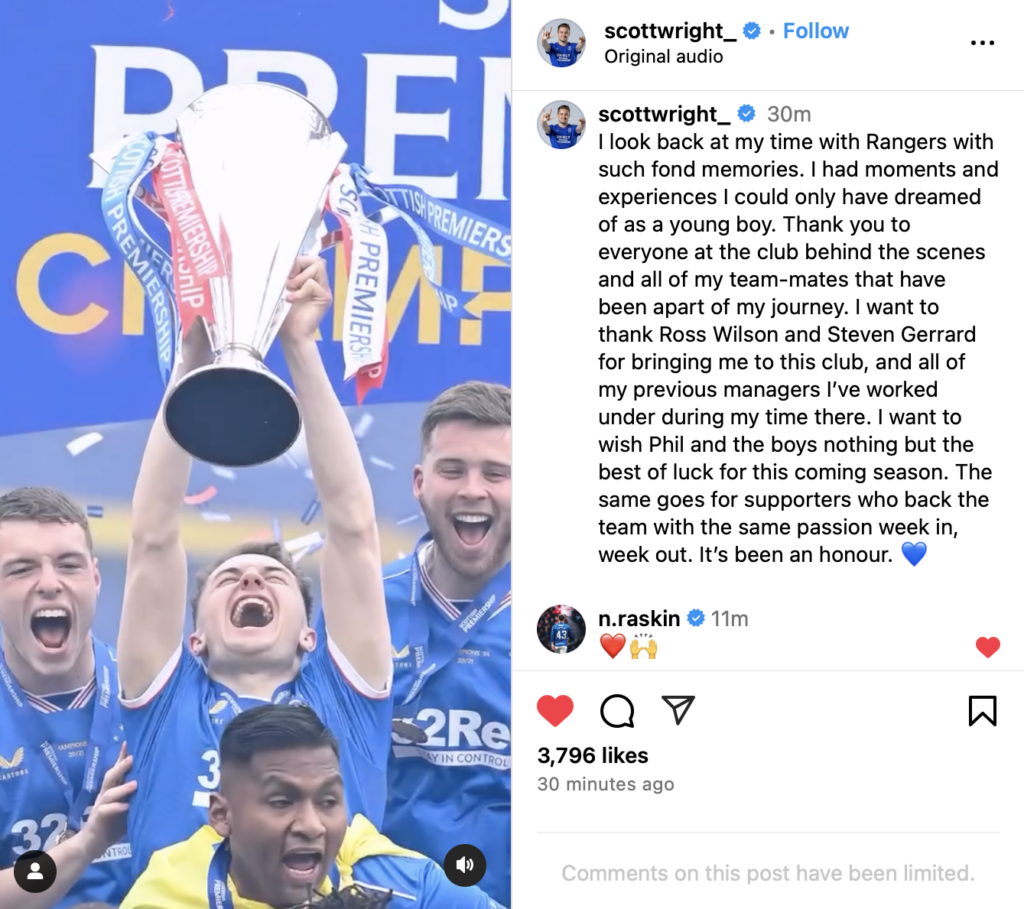 Scott Wright Rangers message