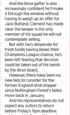 Jack Butland, Rangers, Daily Record article